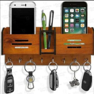 Dual Pocket Wooden Wall Mounted Keychains and Mobile Phone Holder for wall Decor