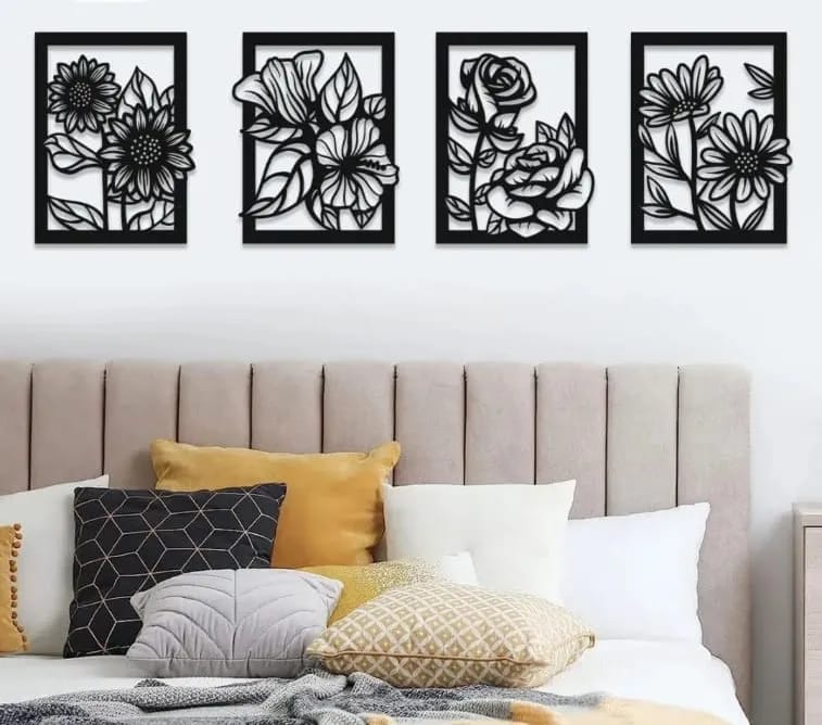 Set of 4 Floral Wall Art Panels – Modern Wooden Wall Decor for Bedroom and Living Room