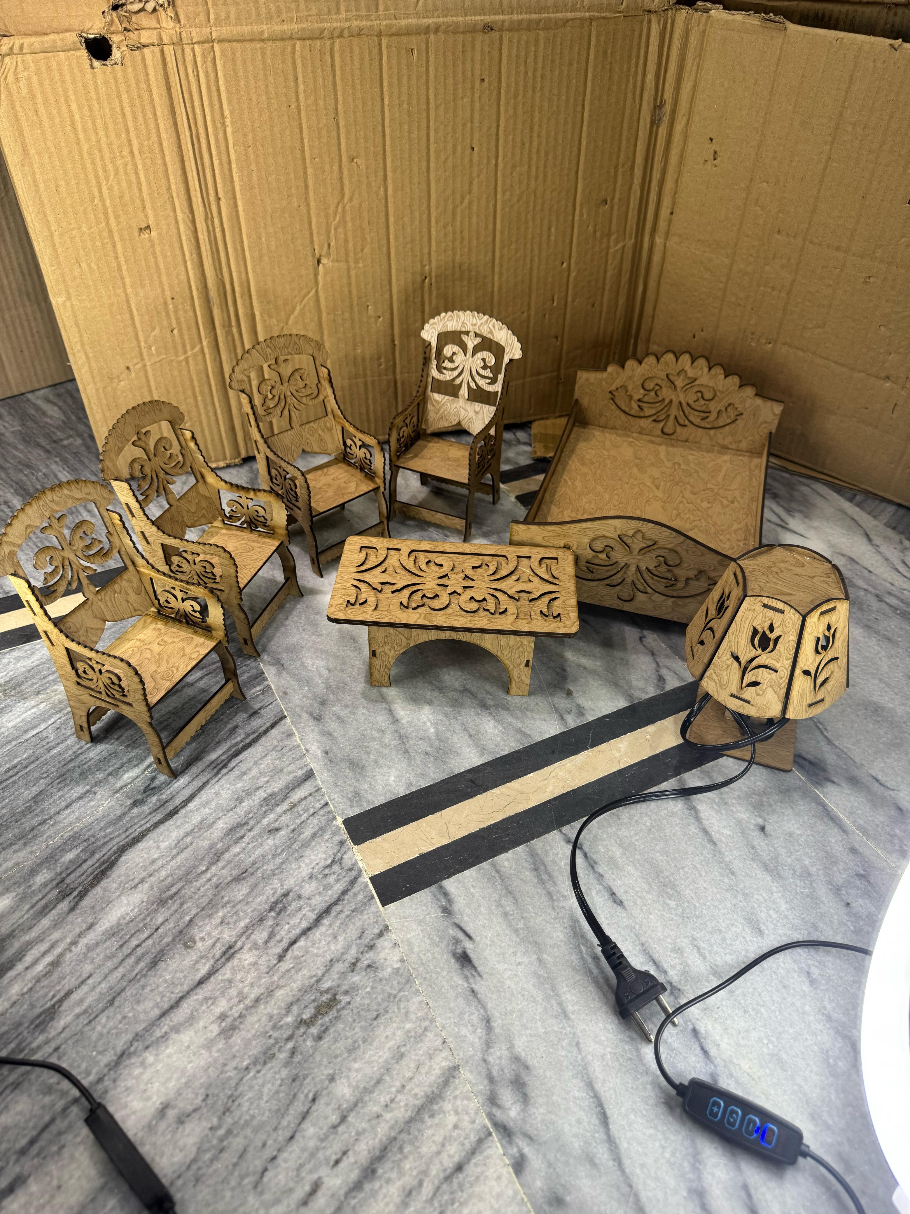 Handcrafted Wooden Miniature Furniture Set – Elegant Dollhouse & Home Decor