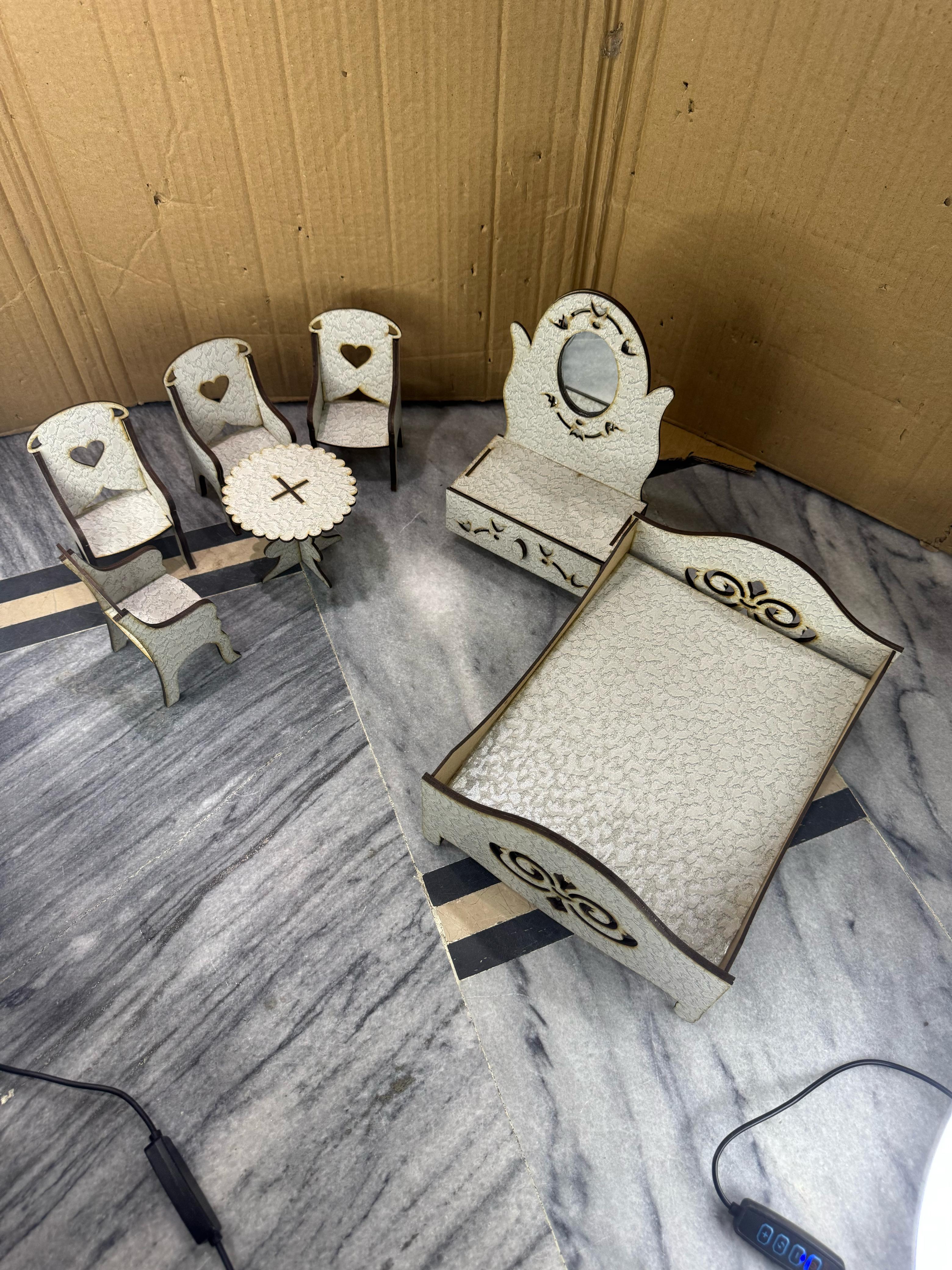 Elegant White Wooden Miniature Furniture Set – Dollhouse & Home Decor