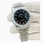 Classic Silver Edition Luxury Men’s Watch – Black Diamond Dial & Fluted Bezel President Link