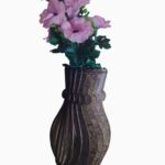 Handcrafted Laser-Cut Wooden Vase with Silk Pink Anemones – Rustic Geometric Floral Decor
