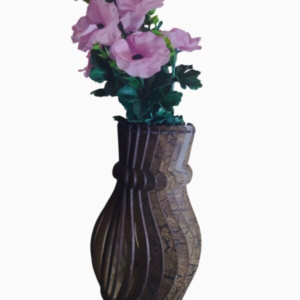 Handcrafted Laser-Cut Wooden Vase with Silk Pink Anemones – Rustic Geometric Floral Decor