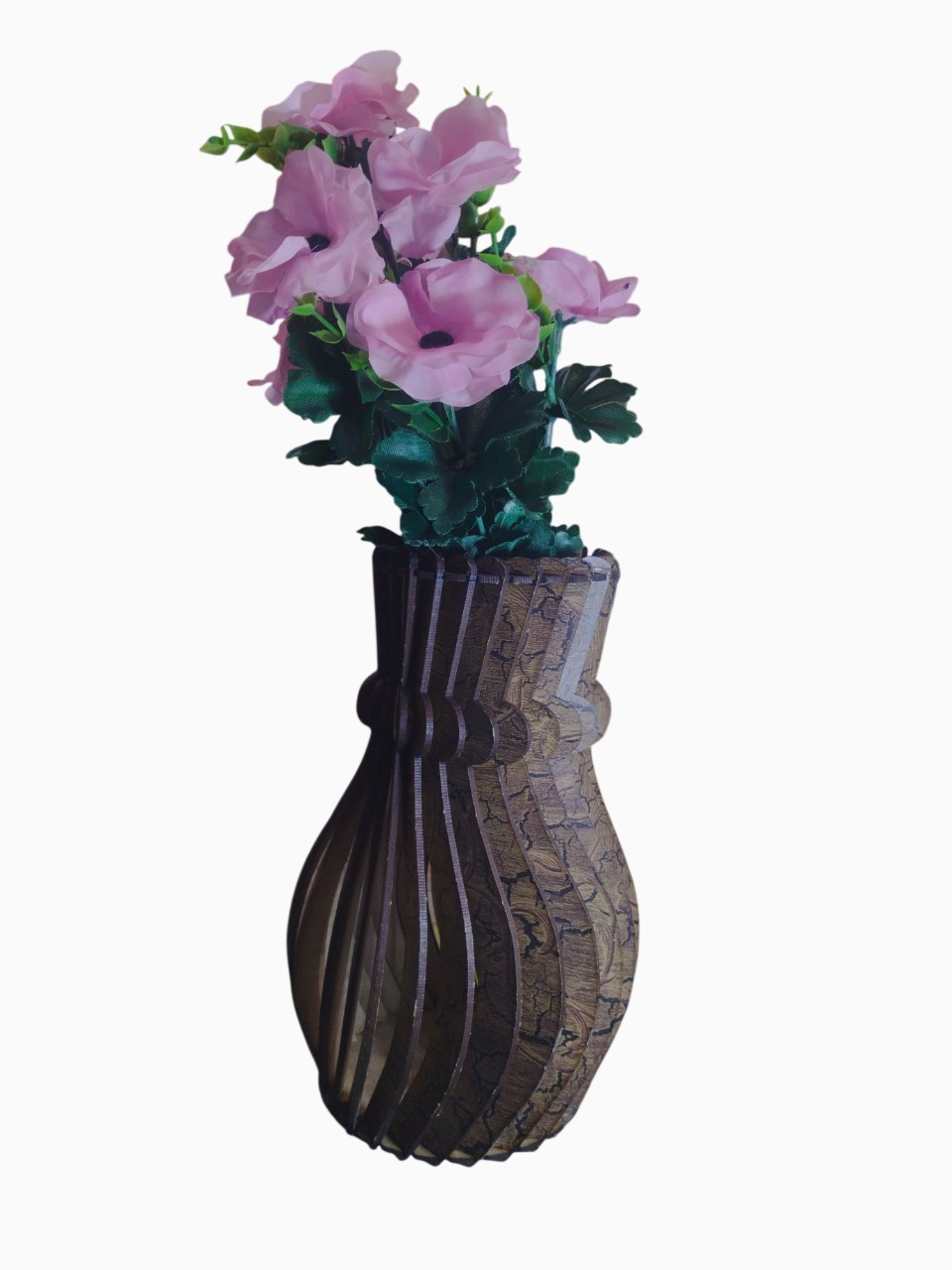 IMG-20260122-WA0078 Handcrafted Laser-Cut Wooden Vase with Silk Pink Anemones – Rustic Geometric Floral Decor - Image 1