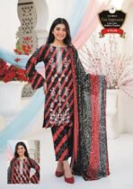 Women's Black & Red Printed Lawn Suit with Chiffon Dupatta – Premium 3 Piece Unstitched Summer Dress