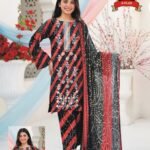 Women's Black & Red Printed Lawn Suit with Chiffon Dupatta – Premium 3 Piece Unstitched Summer Dress